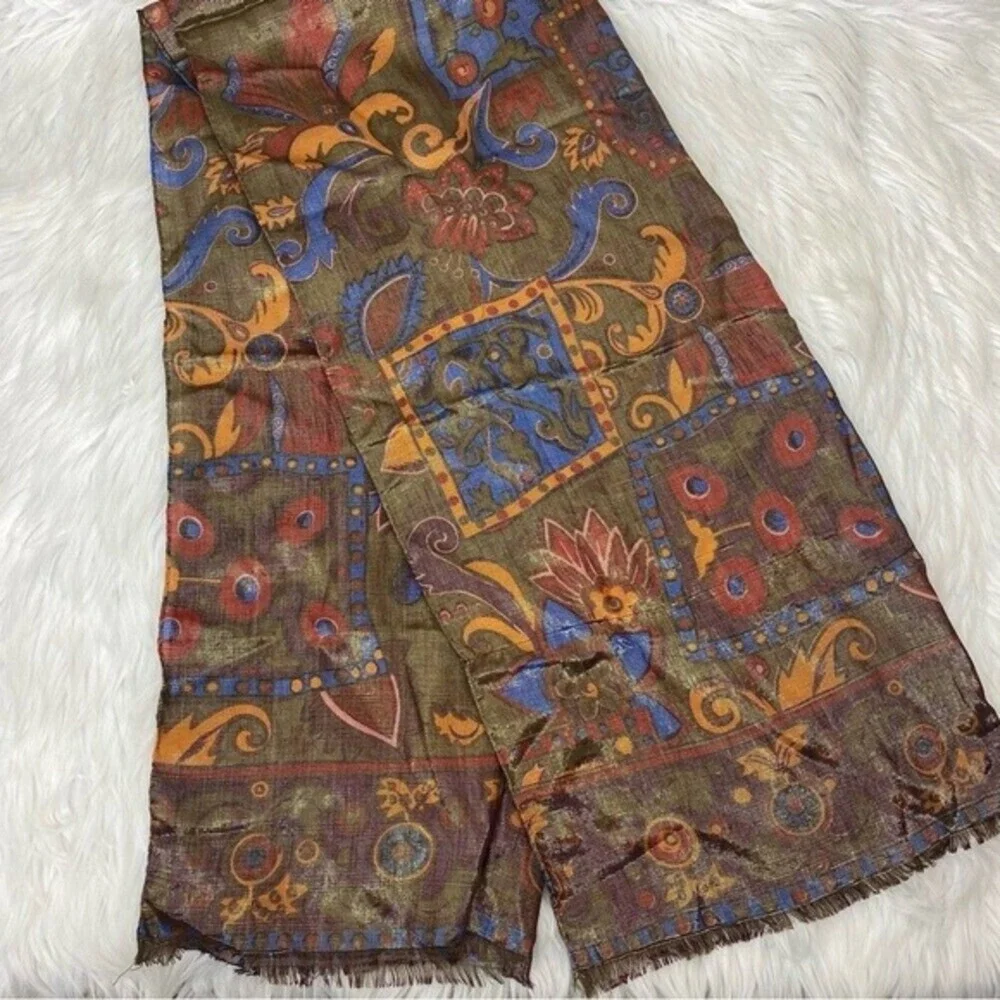 Bally‎ Vintage Gold Metallic Artisan Print Scarf Wool Silk Made in Italy 26x60